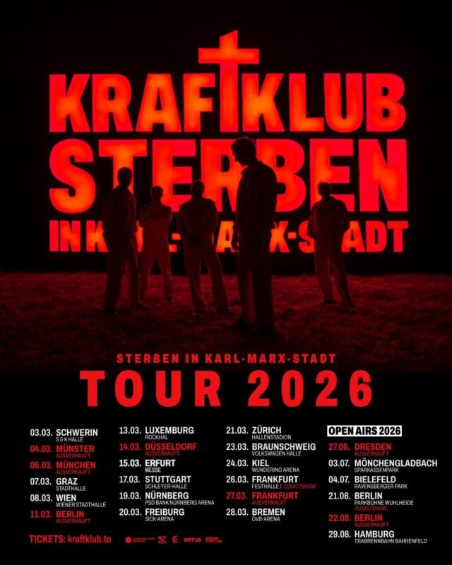 Kraftklub revela un mensaje impactante en su nuevo tema que te hará reflexionar sobre la vida y la muerte 2 Kraftklub Sterben en Karl-Marx-Stadt Tour 2026 Poster